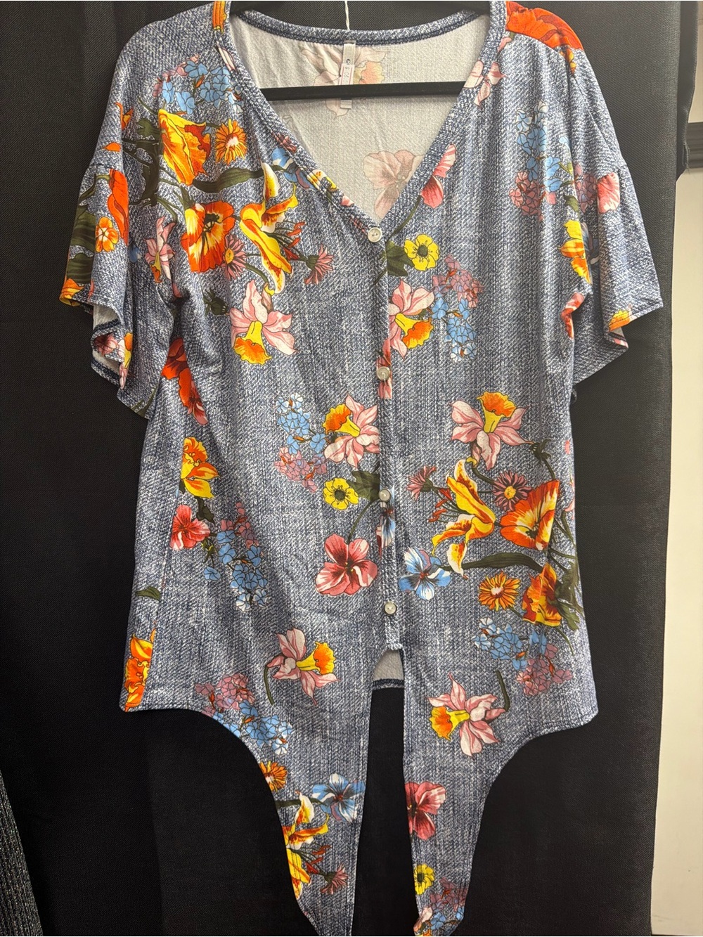 Floral Button-Front Women's Top in Blue with Orange & Pink Flowers